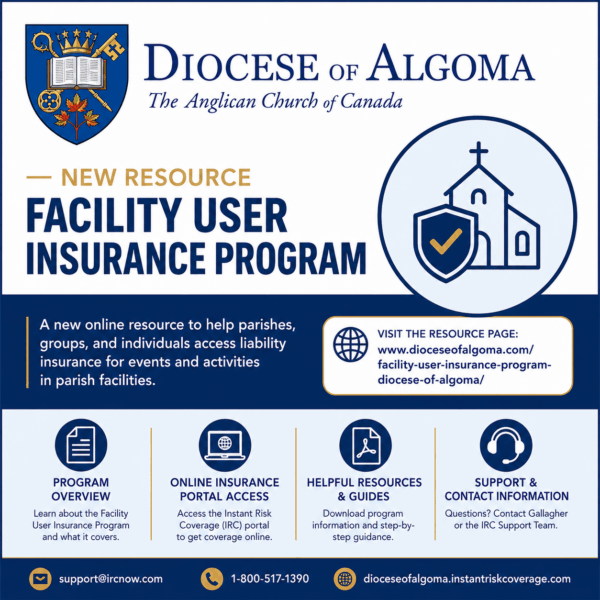 Graphic promoting the Diocese of Algoma Facility User Insurance Program, featuring the diocesan crest, information about liability insurance resources for parish facility users, and a link to the online resource page.