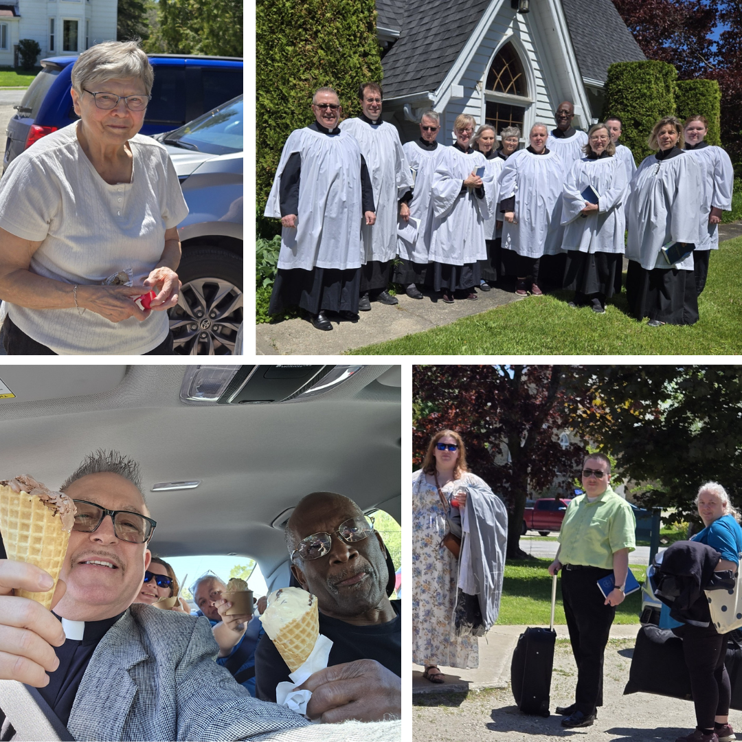 Members of the Sudbury–Manitoulin Deanery Choir gather for Holy Trinity Anglican Church's 140th anniversary celebration in Little Current, including group photos in choir robes, fellowship during travel, and moments of friendship and community throughout the trip.
