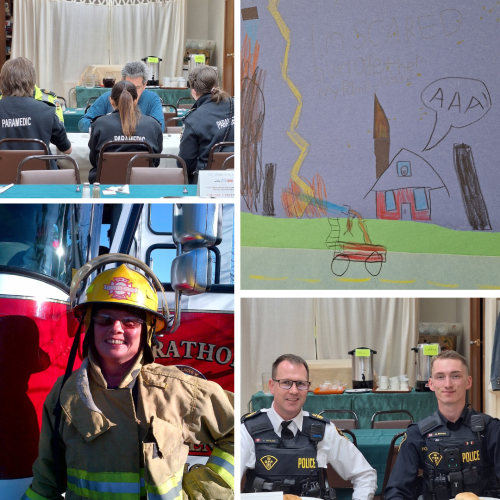 Clockwise from top left: Paramedics, student artwork, OPP officers, and the Rev. Jan Latham, whose years of volunteer firefighting inspired the Emergency Service Workers Appreciation Luncheon at St. John the Evangelist, Schreiber.